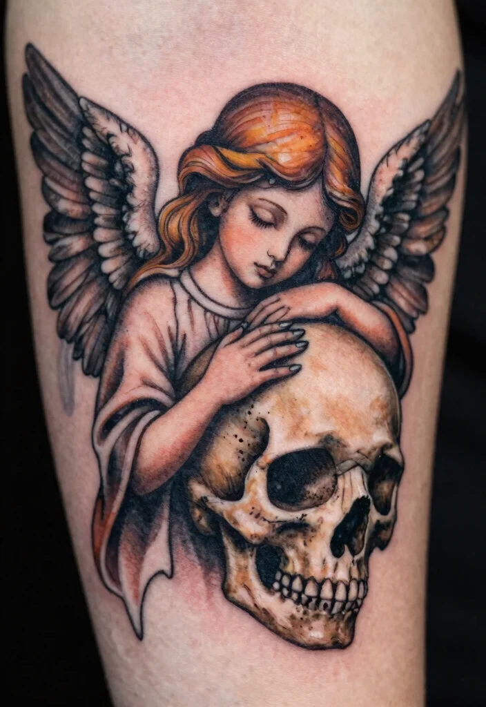 17 Angel Devil Tattoo Ideas: Light vs Dark Symbolism - 10. Angel Embracing a Skull 1