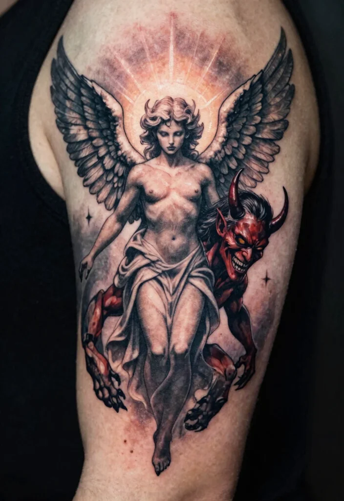 17 Angel Devil Tattoo Ideas: Light vs Dark Symbolism - 11. Seraphim and Demon 1