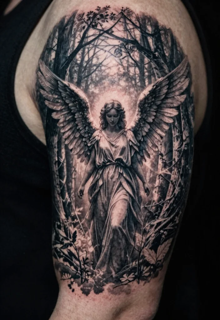 17 Angel Devil Tattoo Ideas: Light vs Dark Symbolism - 12. Angel in a Dark Forest 1