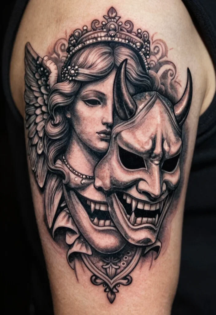 17 Angel Devil Tattoo Ideas: Light vs Dark Symbolism - 13. Angel and Devil Mask 1