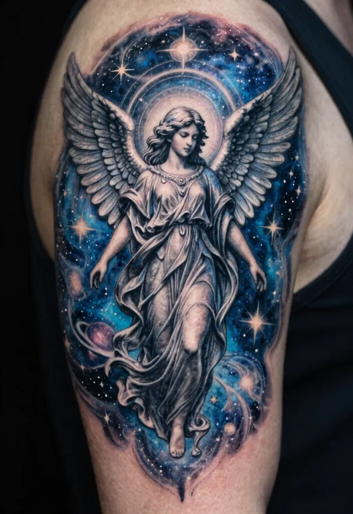 17 Angel Devil Tattoo Ideas: Light vs Dark Symbolism - 14. Celestial Angel with Cosmic Elements 1