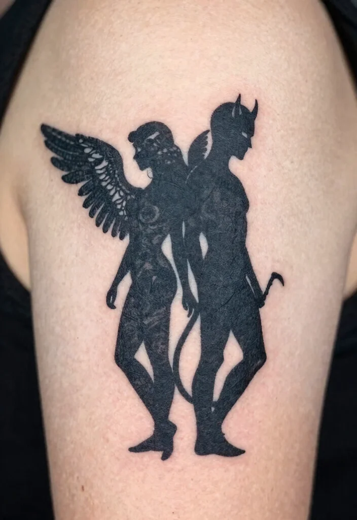 17 Angel Devil Tattoo Ideas: Light vs Dark Symbolism - 15. Angel and Devil Silhouettes 1