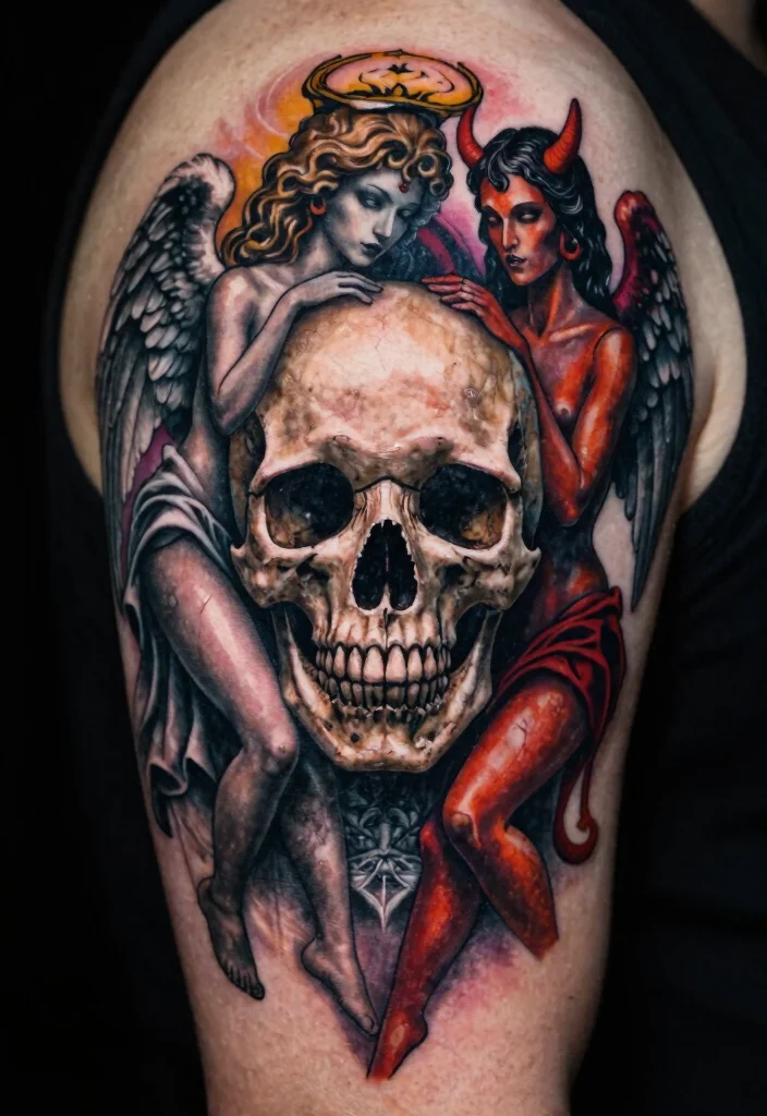 17 Angel Devil Tattoo Ideas: Light vs Dark Symbolism - 16. Gothic Skull with Angel and Devil Figures 1