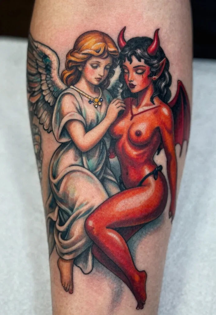 17 Angel Devil Tattoo Ideas: Light vs Dark Symbolism - 17. The Guardian Angel and Tempting Devil 1