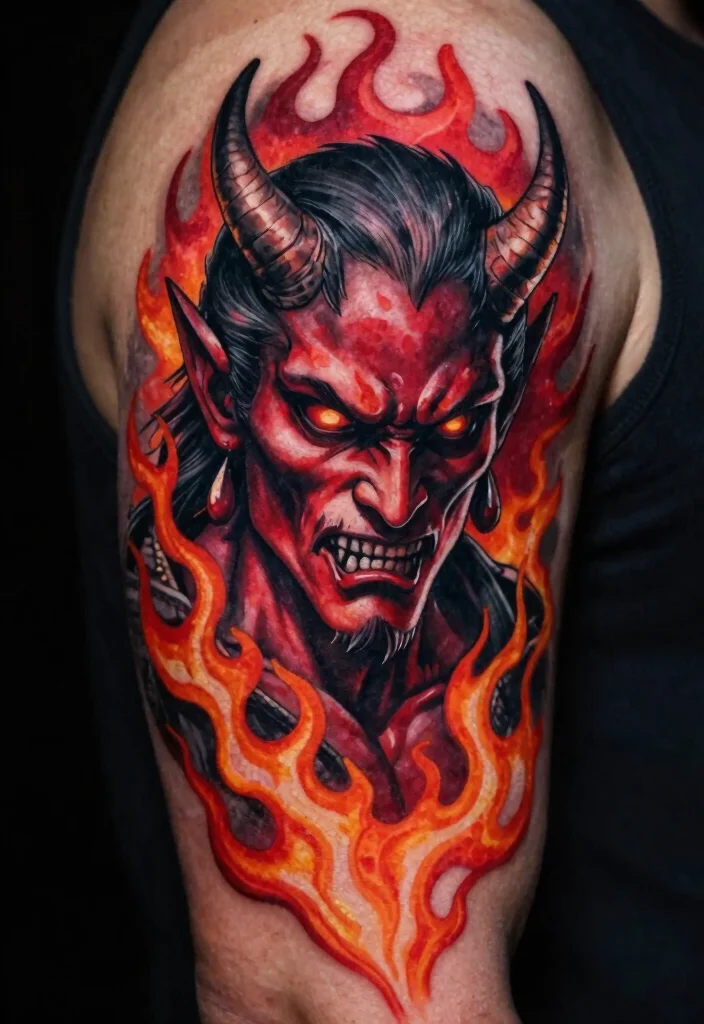 17 Angel Devil Tattoo Ideas: Light vs Dark Symbolism - 2. Fierce Devil with Flames 1