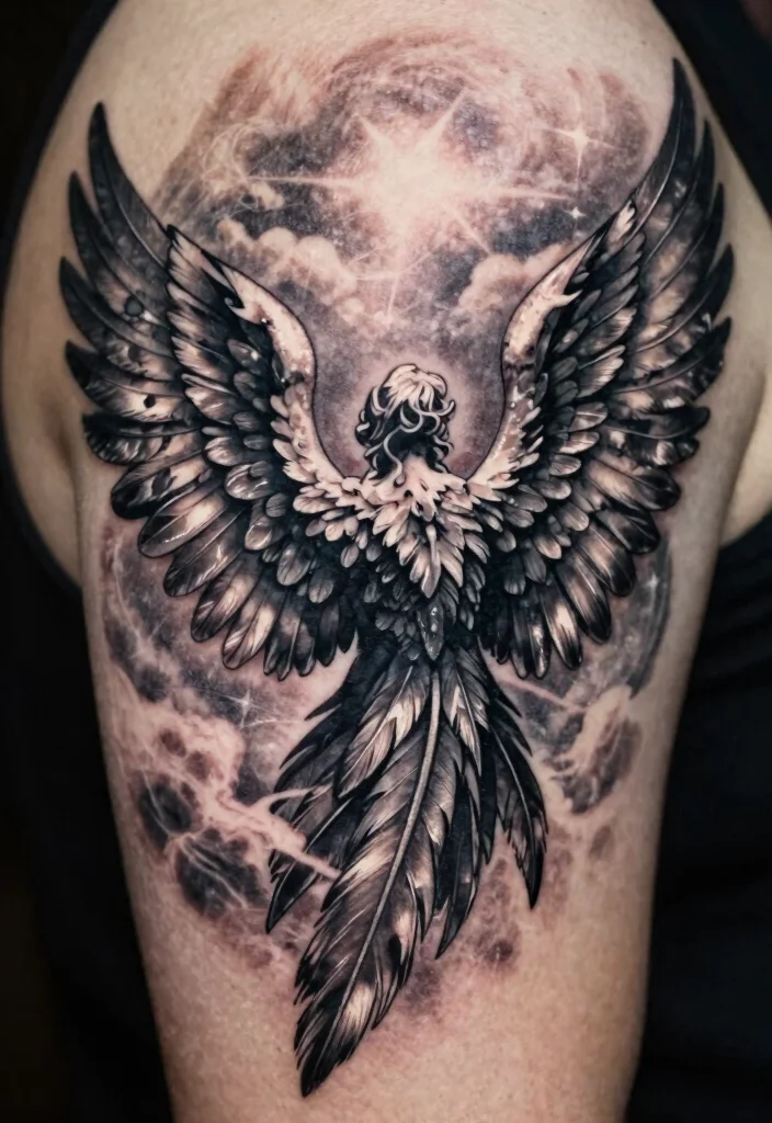 17 Angel Devil Tattoo Ideas: Light vs Dark Symbolism - 6. Angel Wings with Dark Shadows 1