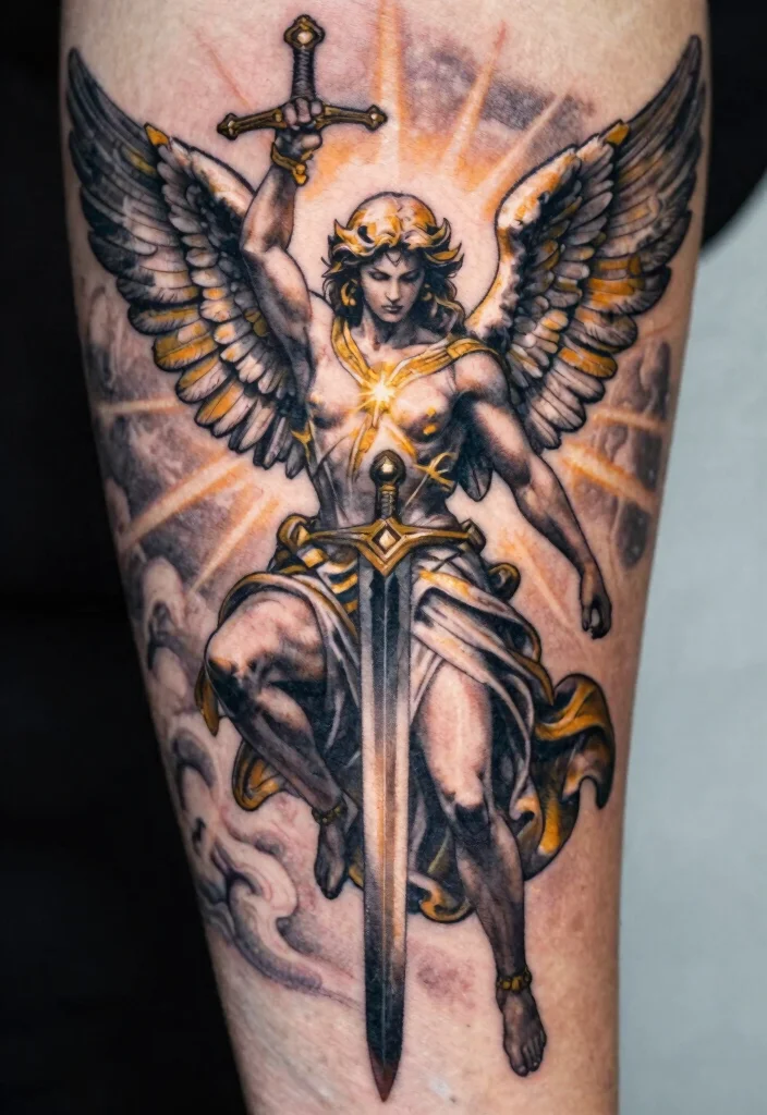 17 Angel Devil Tattoo Ideas: Light vs Dark Symbolism - 8. Angel with a Sword 1