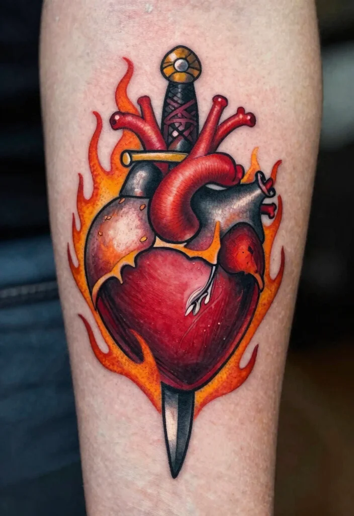 17 Burning Heart Tattoo Ideas: Intense, Passionate, and Striking - 10. Heart and Dagger with Flames 1