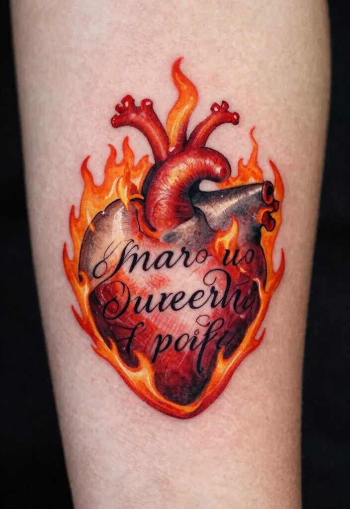 17 Burning Heart Tattoo Ideas: Intense, Passionate, and Striking - 13. Love on Fire: Text Incorporation 1