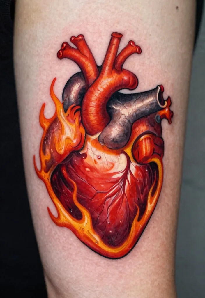 17 Burning Heart Tattoo Ideas: Intense, Passionate, and Striking - 17. Large Scale Burning Heart 1