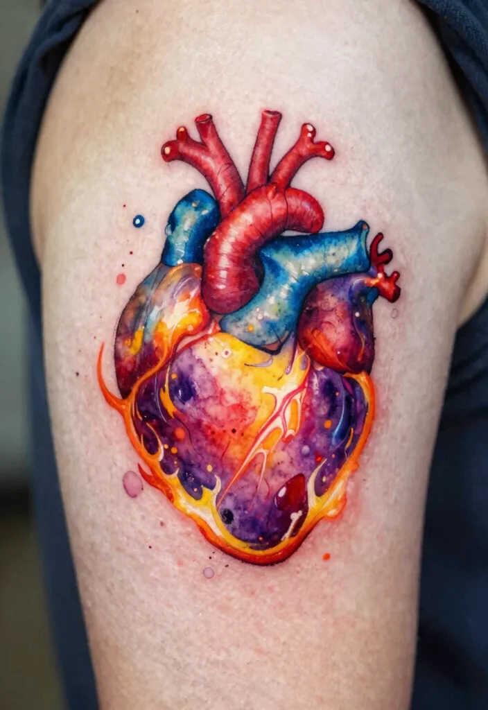 17 Burning Heart Tattoo Ideas: Intense, Passionate, and Striking - 2. Watercolor Burning Heart 1