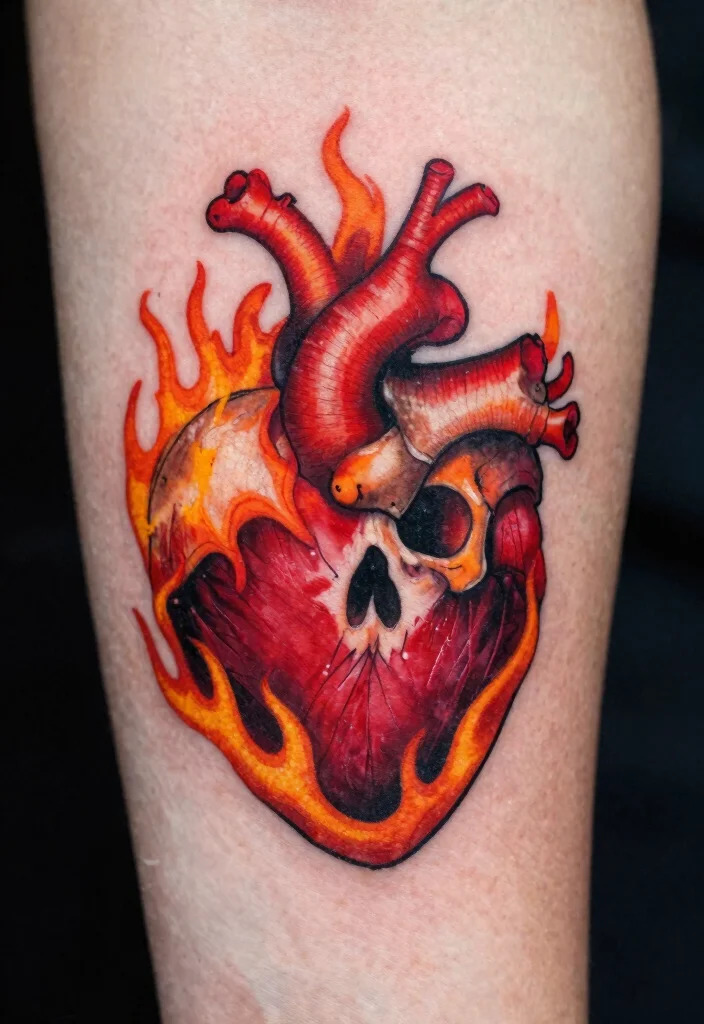 17 Burning Heart Tattoo Ideas: Intense, Passionate, and Striking - 4. Fiery Skull Heart 1
