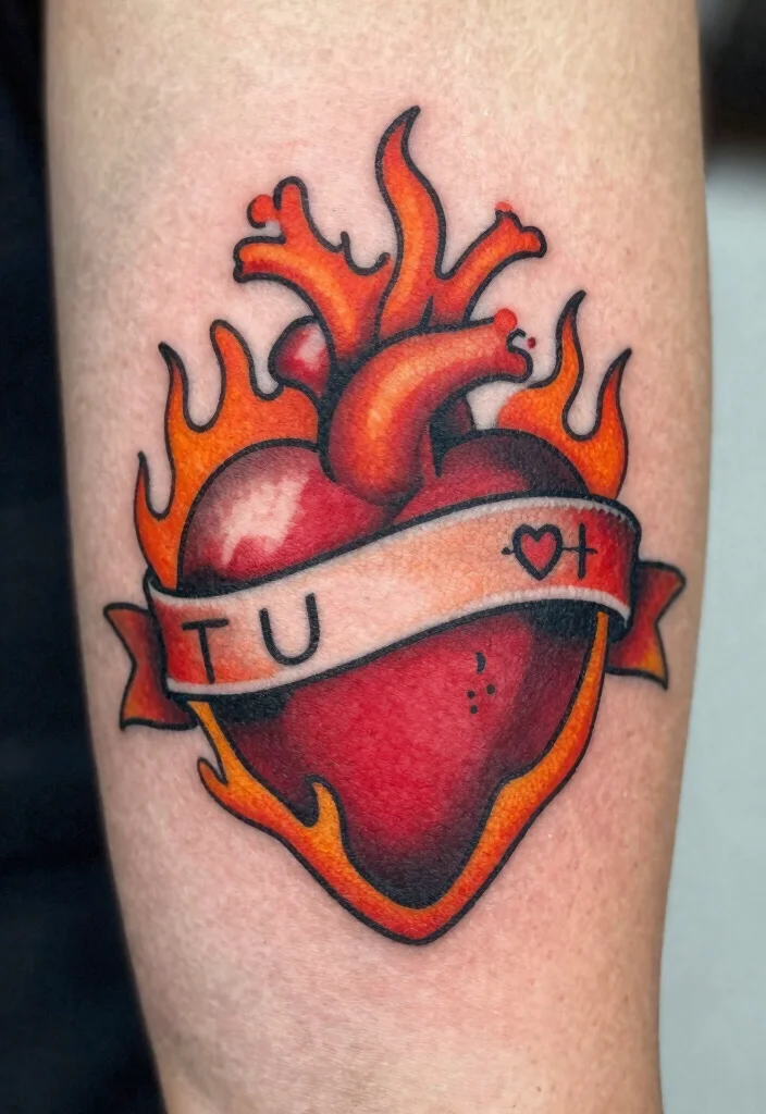 17 Burning Heart Tattoo Ideas: Intense, Passionate, and Striking - 5. Traditional Heart with Banner 1