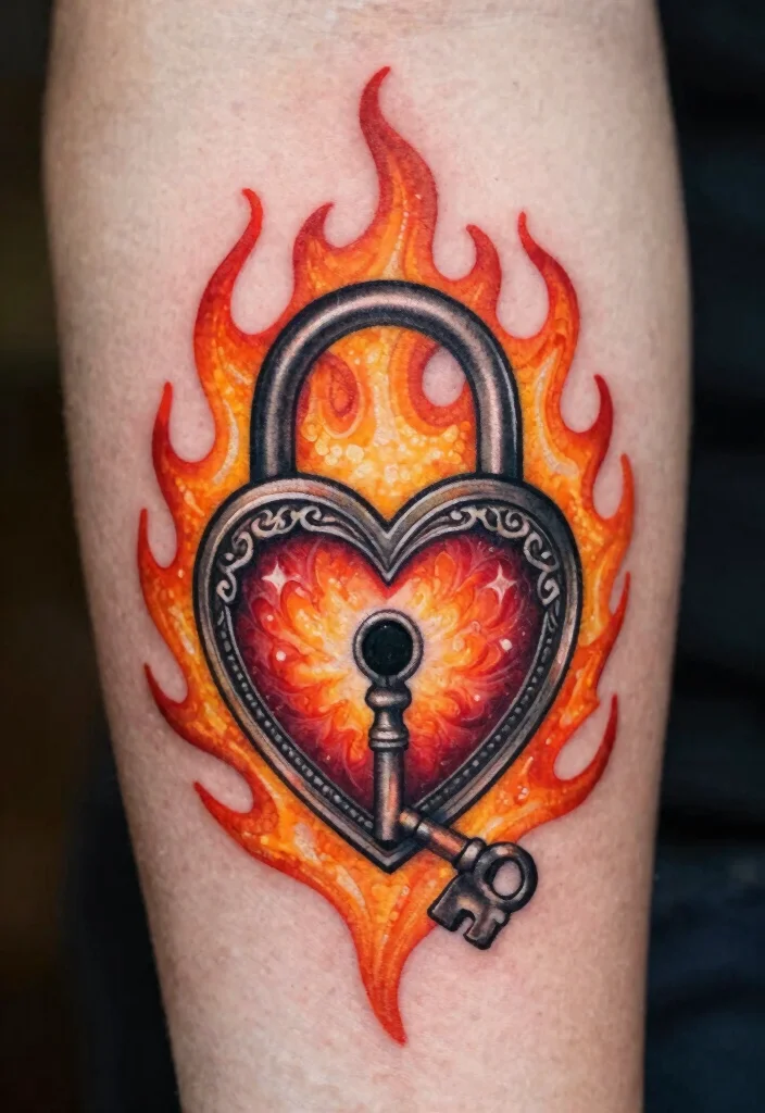 17 Burning Heart Tattoo Ideas: Intense, Passionate, and Striking - 6. Heart Lock and Key with Flames 1