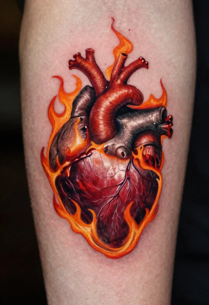 17 Burning Heart Tattoo Ideas: Intense, Passionate, and Striking - 8. Realistic Burning Heart 1