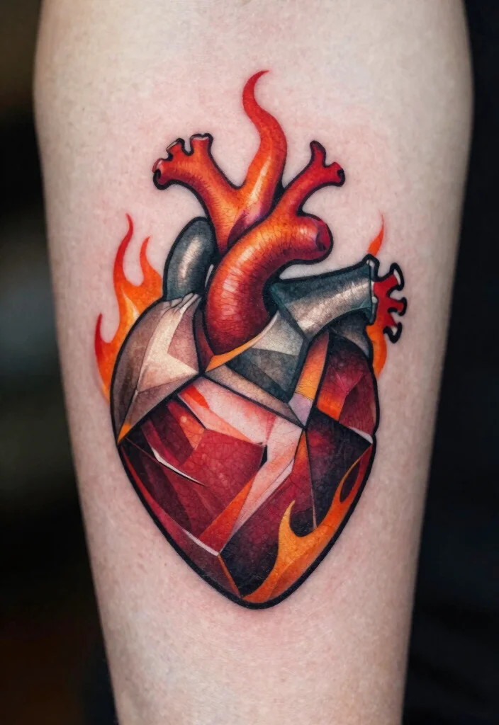 17 Burning Heart Tattoo Ideas: Intense, Passionate, and Striking - 9. Geometric Burning Heart 1