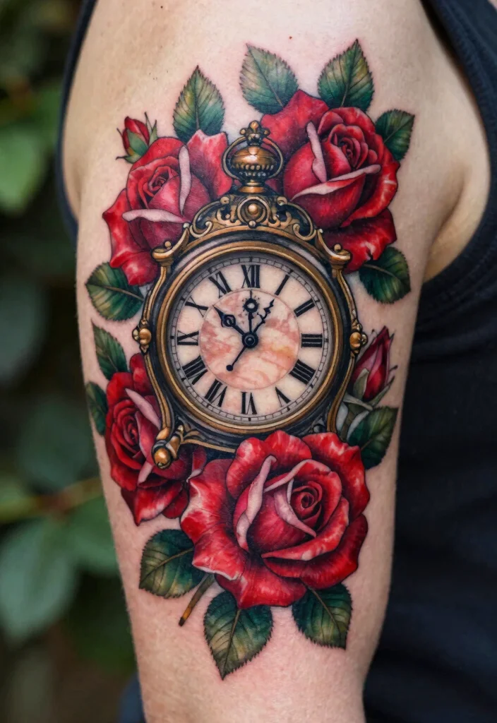 17 Clock and Rose Tattoo Ideas Symbolic and Visually Striking - 1. The Timeless Classic 1