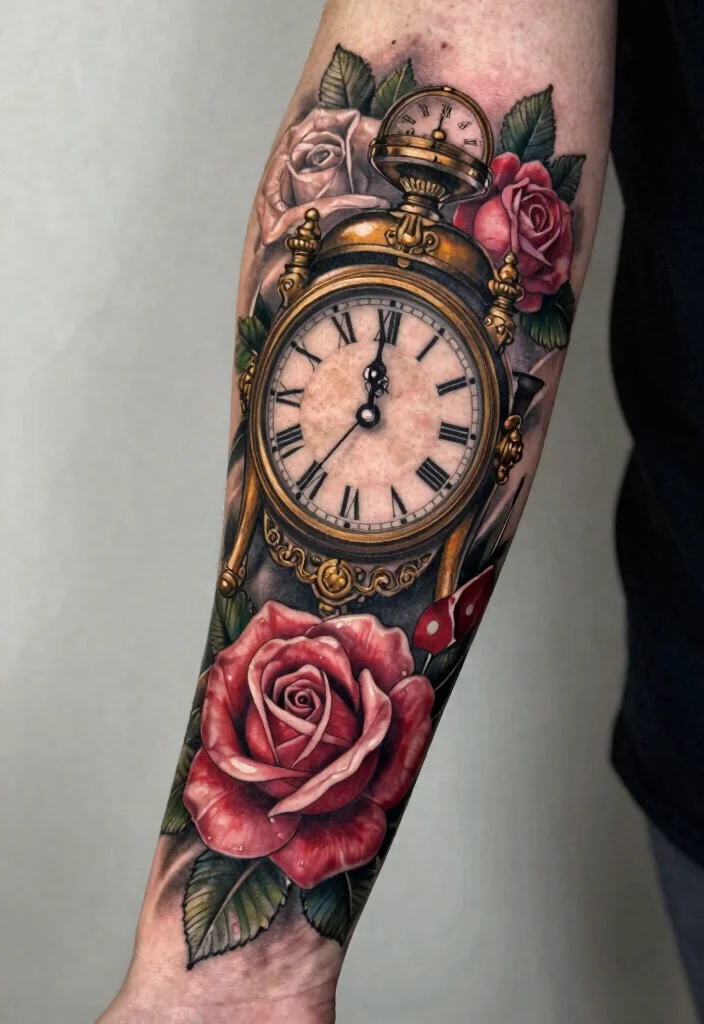 17 Clock and Rose Tattoo Ideas Symbolic and Visually Striking - 11. Clock and Rose Sleeve 1
