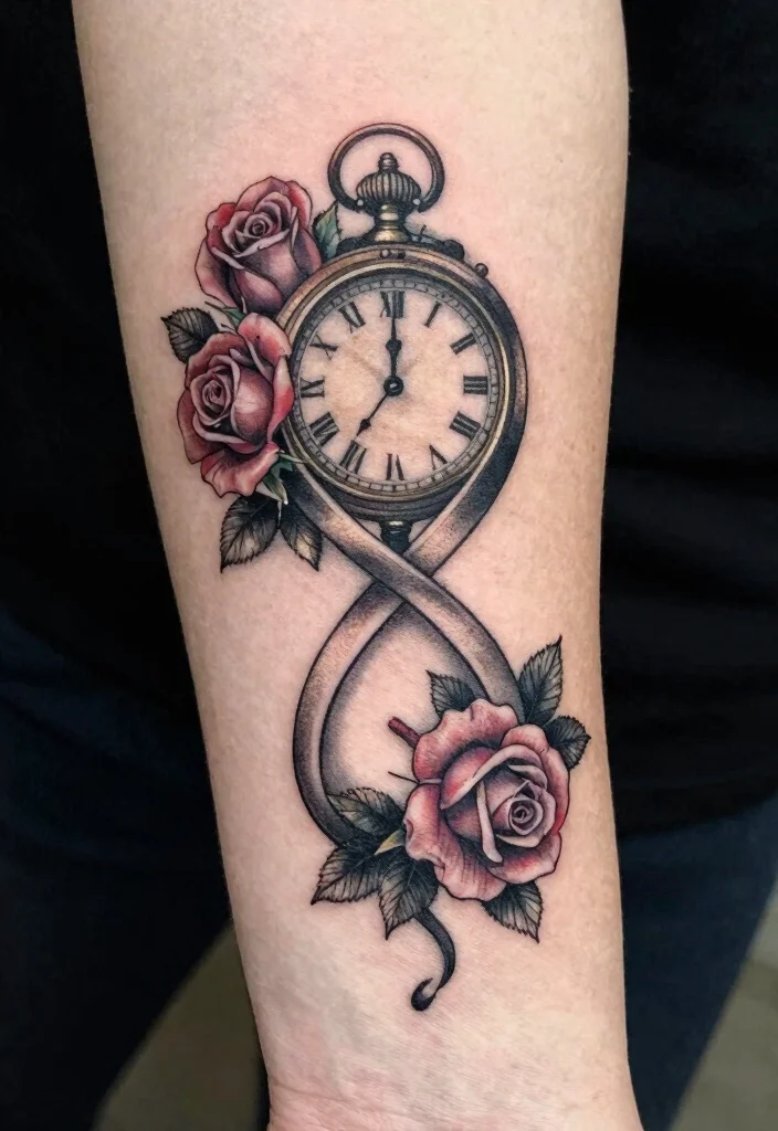 17 Clock and Rose Tattoo Ideas Symbolic and Visually Striking - 12. Infinity Symbol Integration 1