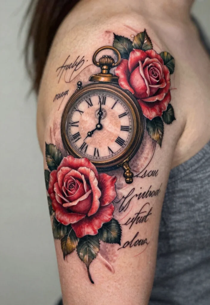 17 Clock and Rose Tattoo Ideas Symbolic and Visually Striking - 13. Clock and Rose with Script 1