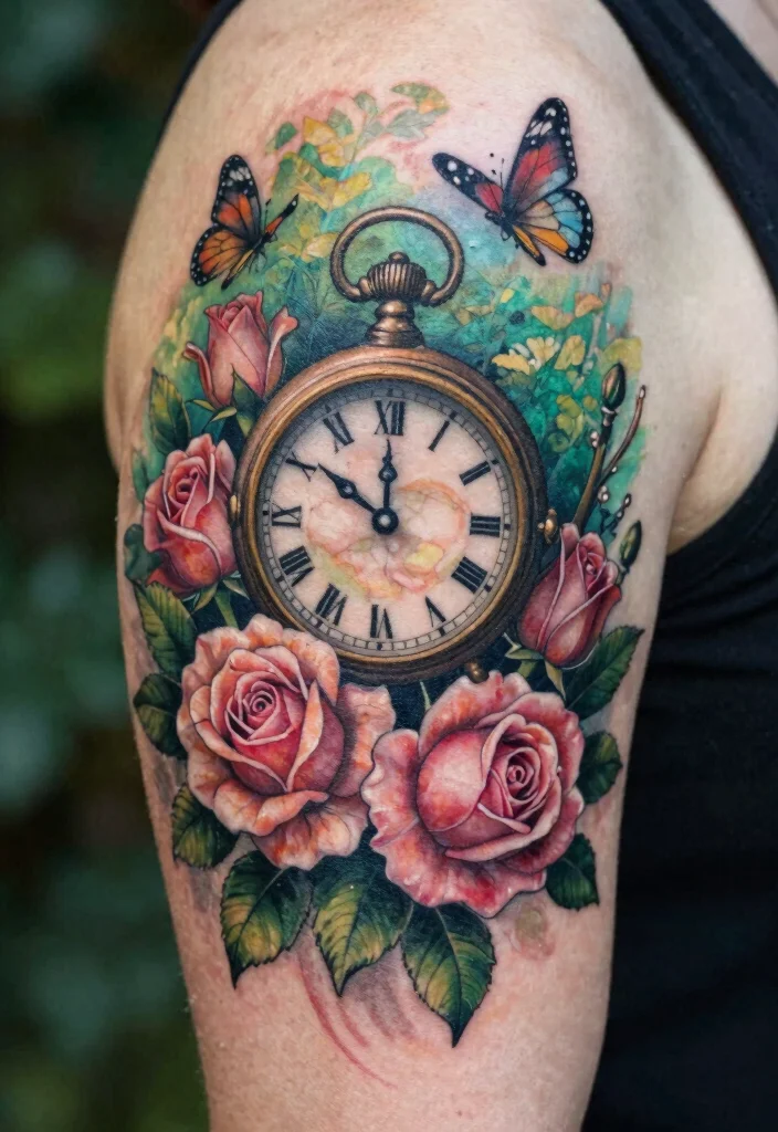 17 Clock and Rose Tattoo Ideas Symbolic and Visually Striking - 14. Clock and Rose in Nature 1