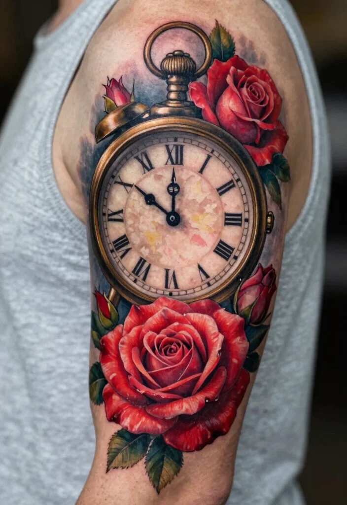 17 Clock and Rose Tattoo Ideas Symbolic and Visually Striking - 15. Double Exposure Effect 1