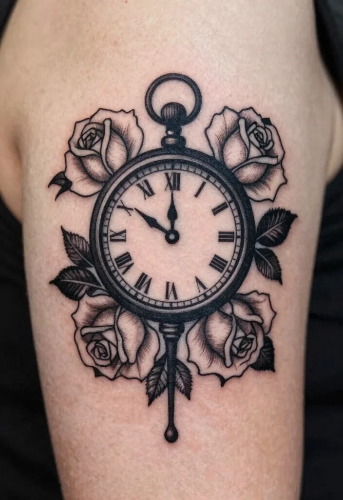 17 Clock and Rose Tattoo Ideas Symbolic and Visually Striking - 16. Clock and Rose Silhouette 1