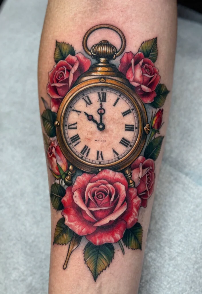 17 Clock and Rose Tattoo Ideas Symbolic and Visually Striking - 17. Custom Clock and Rose Fusion 1