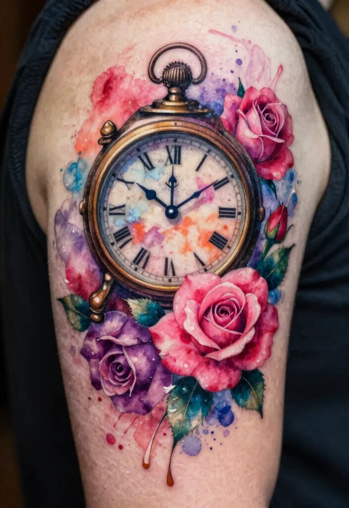 17 Clock and Rose Tattoo Ideas Symbolic and Visually Striking - 2. Watercolor Whimsy 1