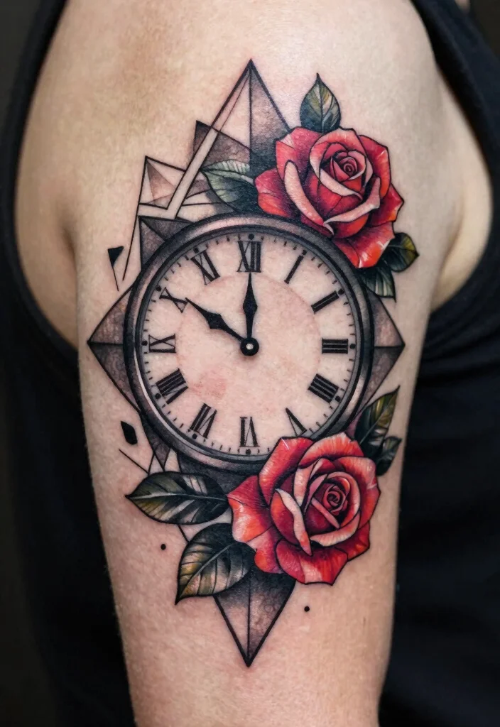17 Clock and Rose Tattoo Ideas Symbolic and Visually Striking - 3. Geometric Beauty 1
