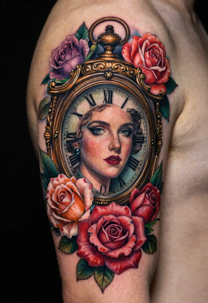 17 Clock and Rose Tattoo Ideas Symbolic and Visually Striking - 4. Vintage Portrait Fusion 1