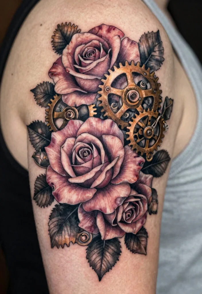 17 Clock and Rose Tattoo Ideas Symbolic and Visually Striking - 5. Clockwork Roses 1