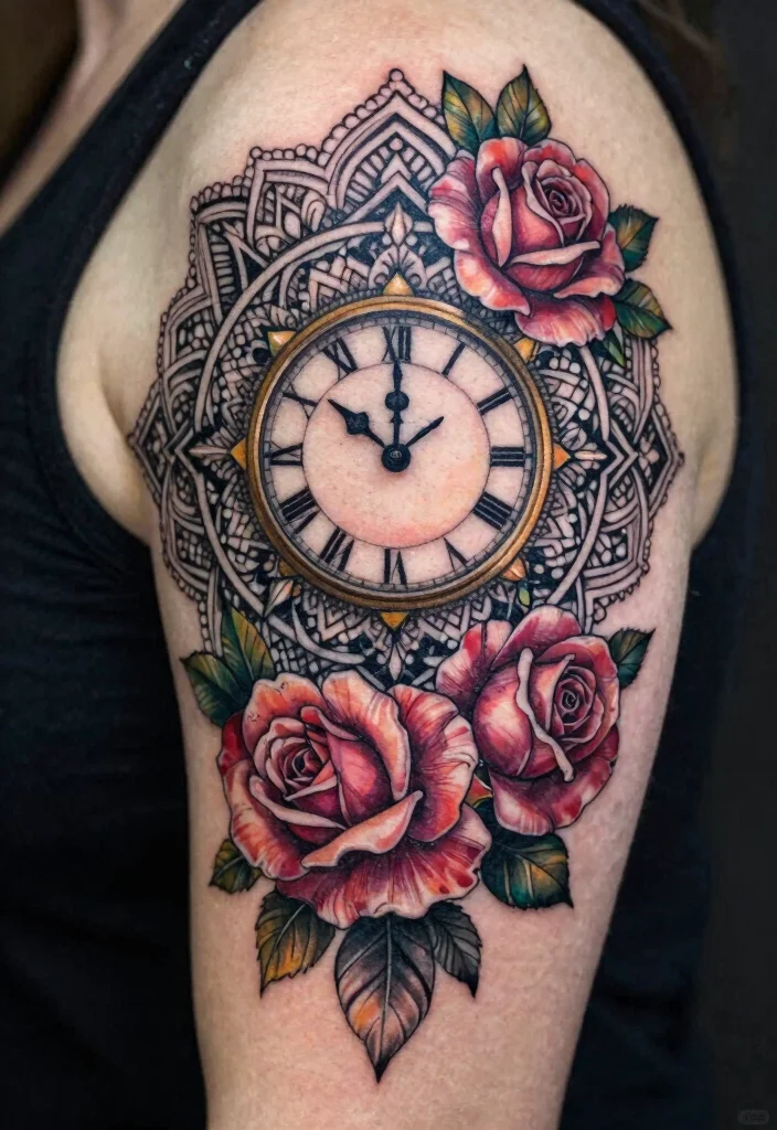17 Clock and Rose Tattoo Ideas Symbolic and Visually Striking - 7. Floral Clock Mandala 1