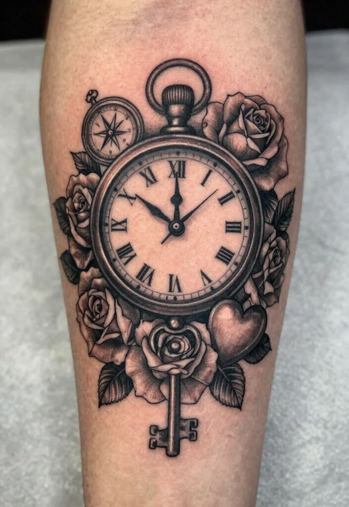 17 Clock and Rose Tattoo Ideas Symbolic and Visually Striking - 8. Symbolic Timekeeper 1