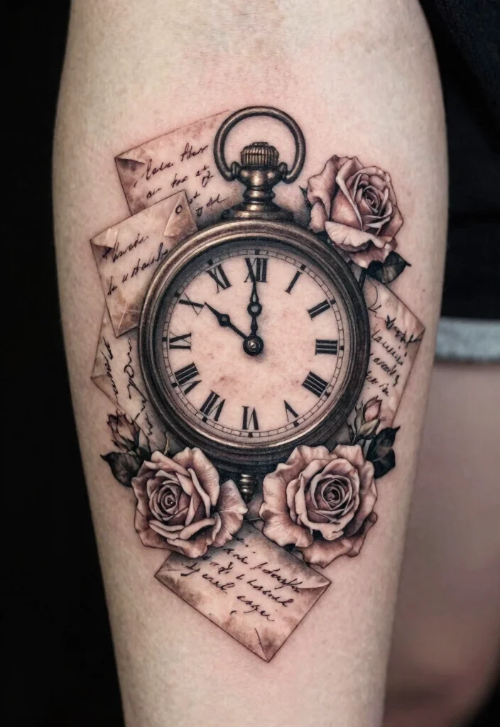 17 Clock and Rose Tattoo Ideas Symbolic and Visually Striking - 9. Timeless Love Letters 1