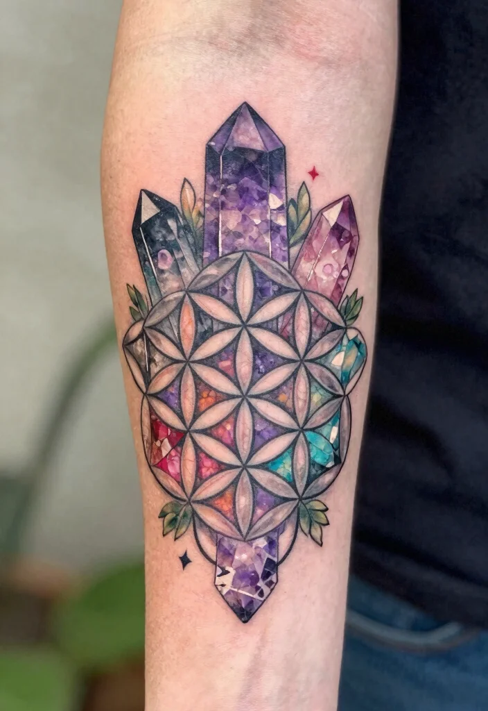 17 Flower of Life Tattoo Ideas: Sacred Geometry with Powerful Symbolism - 10. Healing Crystals and Stones 1