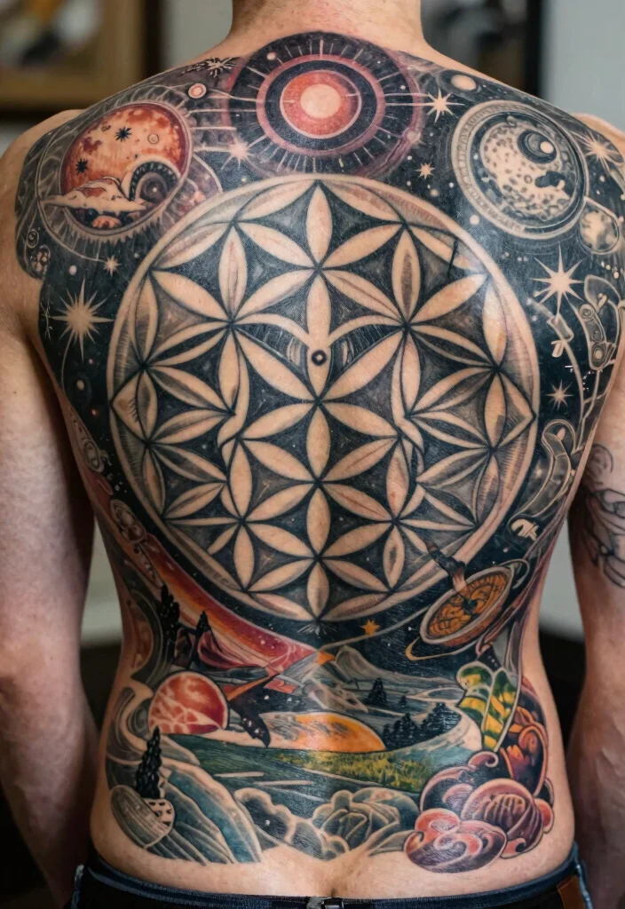 17 Flower of Life Tattoo Ideas: Sacred Geometry with Powerful Symbolism - 13. Full Back Piece 1