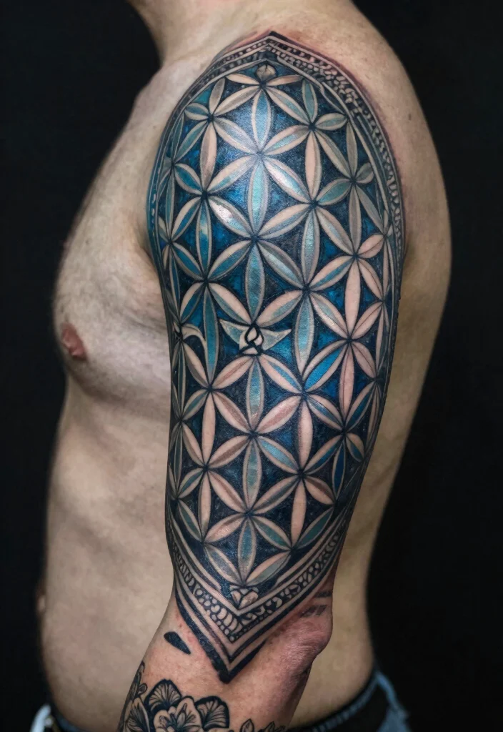 17 Flower of Life Tattoo Ideas: Sacred Geometry with Powerful Symbolism - 3. Geometric Sleeve 1