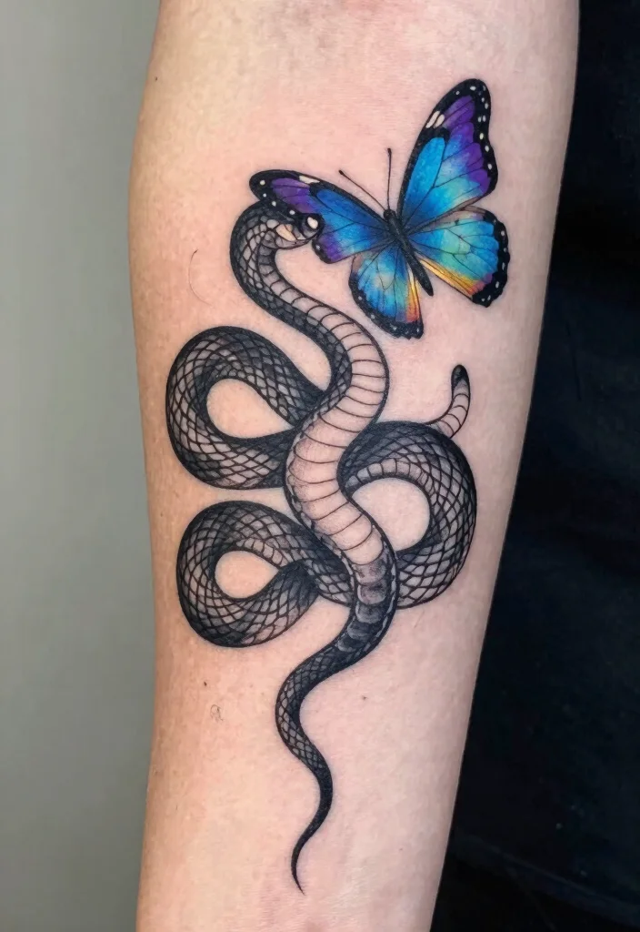 17 Snake and Butterfly Tattoo Ideas: Transformation and Contrast - 1. Mystical Black Snake and Butterfly Ink 1