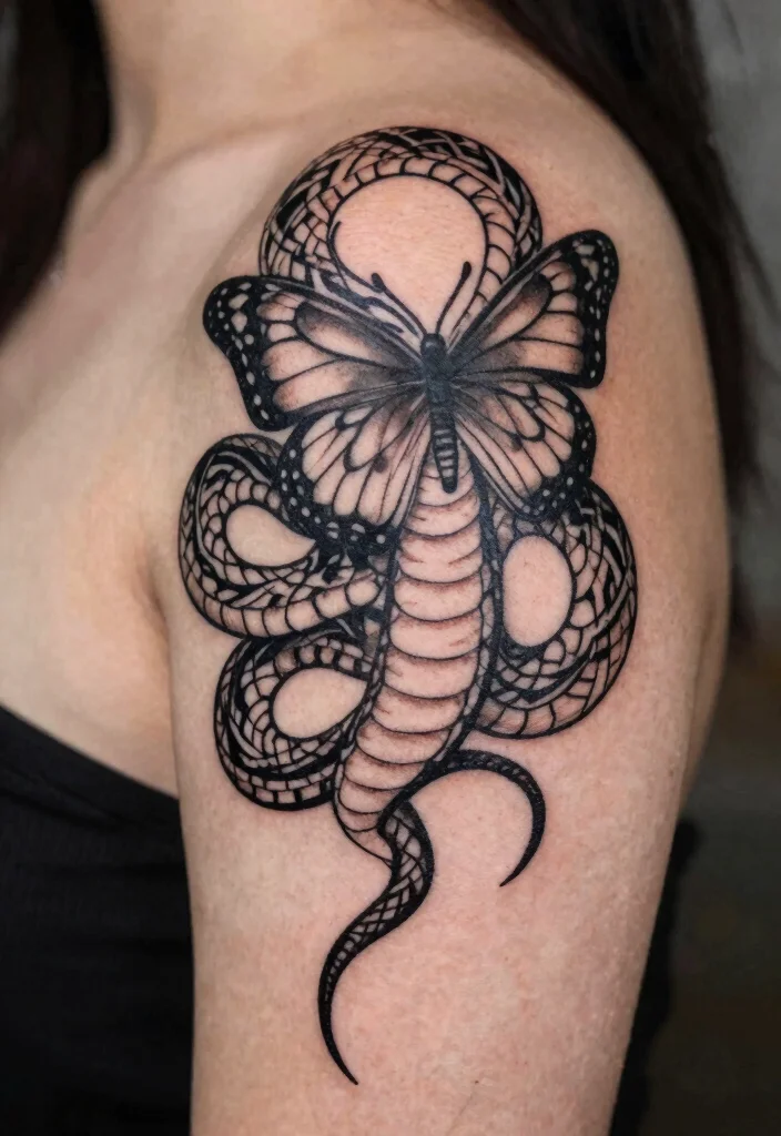 17 Snake and Butterfly Tattoo Ideas: Transformation and Contrast - 11. Tribal Snake and Butterfly Tattoos 1