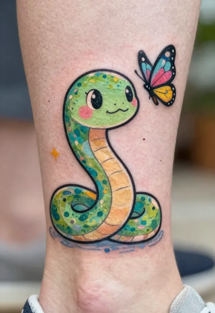 17 Snake and Butterfly Tattoo Ideas: Transformation and Contrast - 12. Playful Cartoon Snake and Butterfly 1