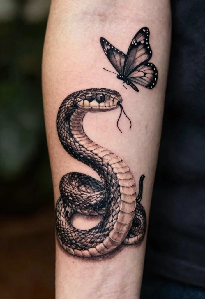 17 Snake and Butterfly Tattoo Ideas: Transformation and Contrast - 13. Realistic 3D Snake and Butterfly Tattoo 1