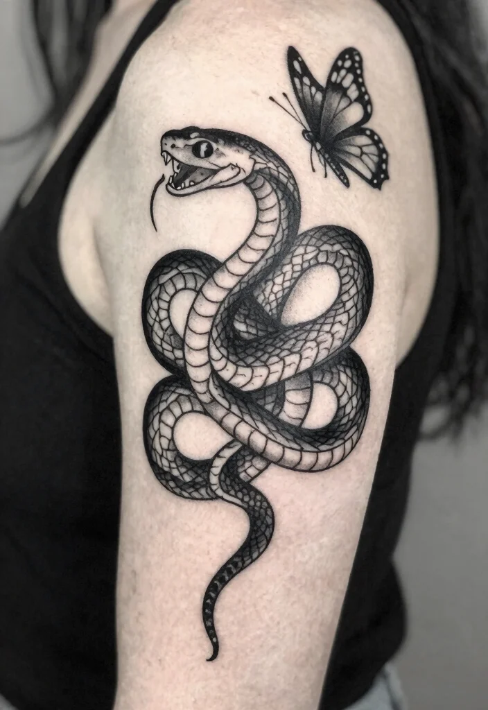 17 Snake and Butterfly Tattoo Ideas: Transformation and Contrast - 14. Contrast in Nature: Classic Black and White 1