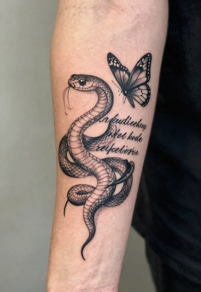 17 Snake and Butterfly Tattoo Ideas: Transformation and Contrast - 15. Inspirational Quote with Snake and Butterfly 1