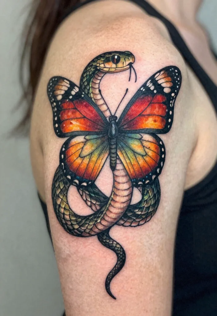 17 Snake and Butterfly Tattoo Ideas: Transformation and Contrast - 16. Hybrid Snake and Butterfly Monster 1