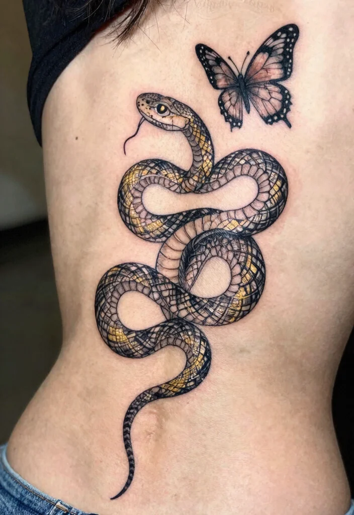 17 Snake and Butterfly Tattoo Ideas: Transformation and Contrast - 17. Elegant Ornamental Snake and Butterfly 1
