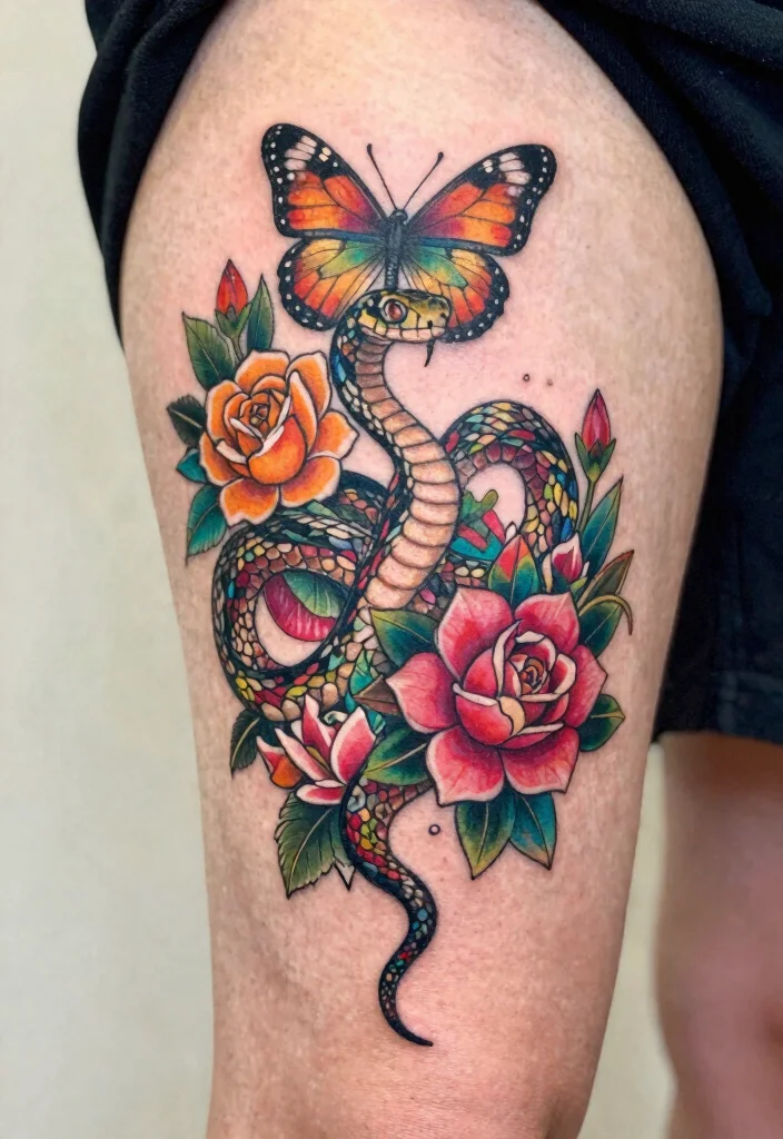 17 Snake and Butterfly Tattoo Ideas: Transformation and Contrast - 2. Colorful Floral Snake and Butterfly Fusion 1