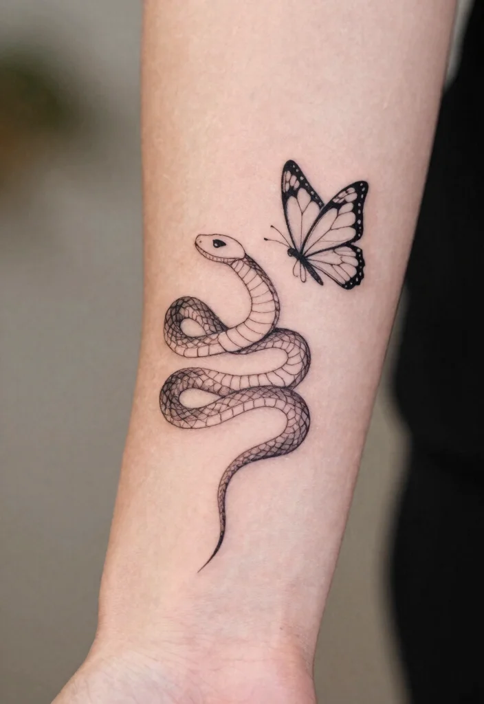 17 Snake and Butterfly Tattoo Ideas: Transformation and Contrast - 3. Minimalist Line Art Snake and Butterfly 1
