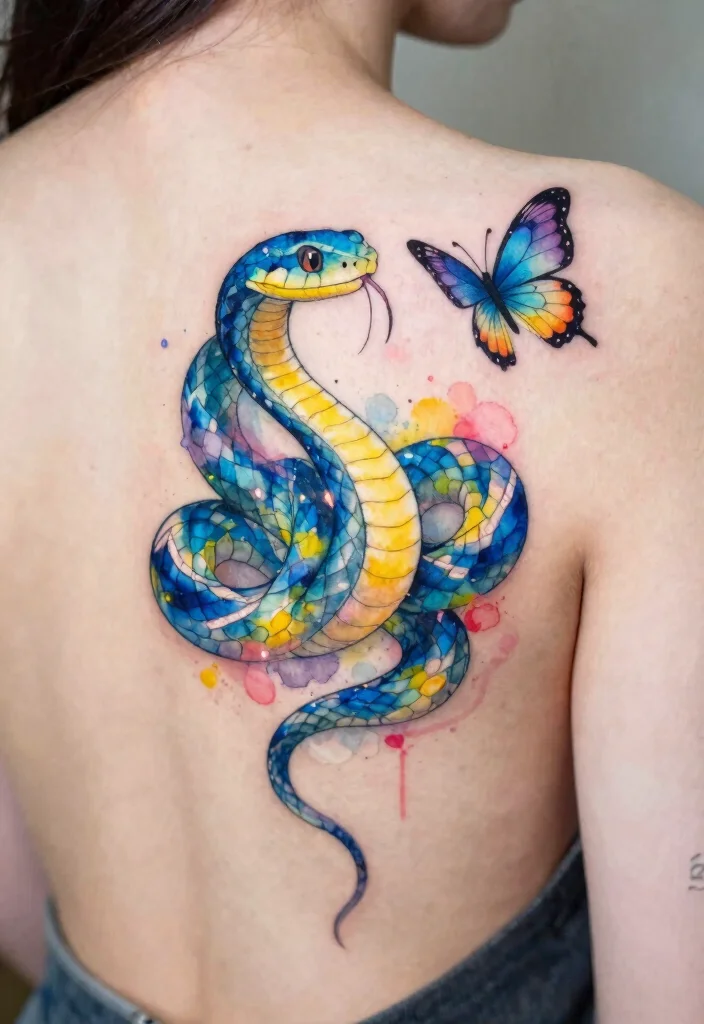 17 Snake and Butterfly Tattoo Ideas: Transformation and Contrast - 4. Watercolor Snake and Butterfly Art 1