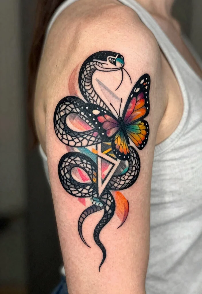 17 Snake and Butterfly Tattoo Ideas: Transformation and Contrast - 5. Geometric Snake and Butterfly Design 1